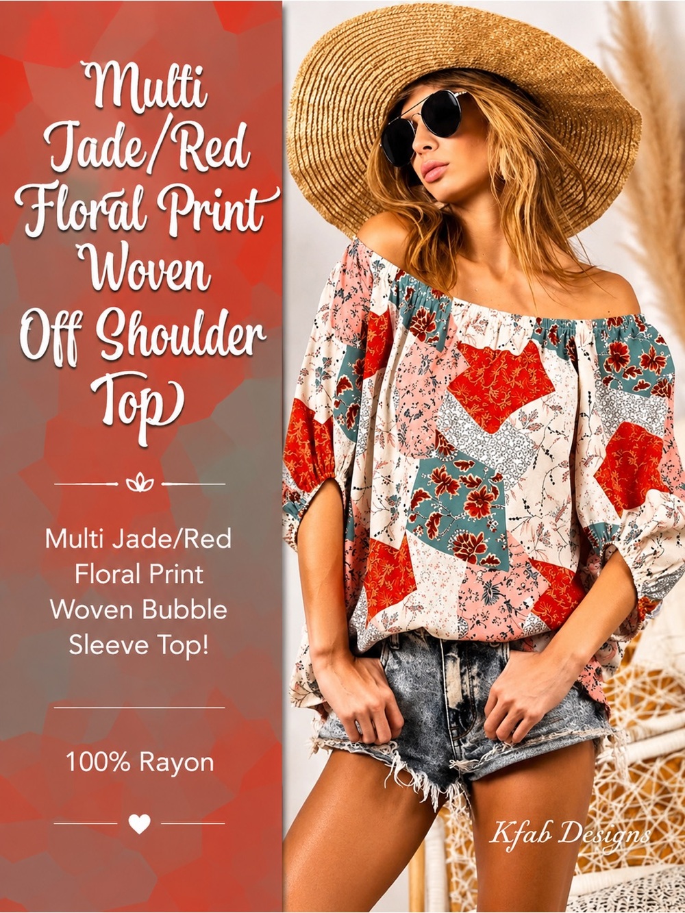 Multi Jade/Red Floral Print Woven Off Shoulder Top NEW